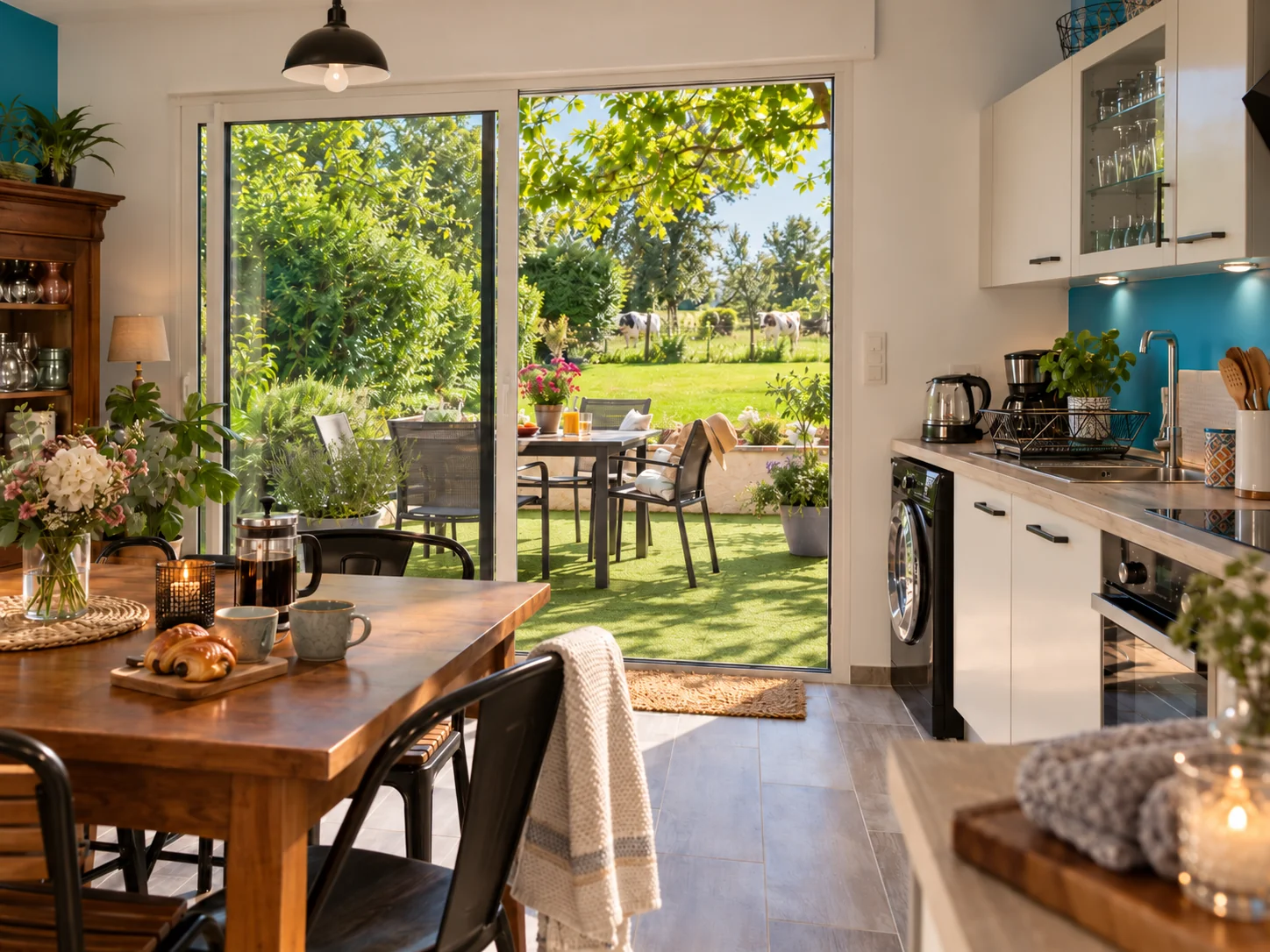 Visuel d’ambiance : cuisine ouverte sur la terrasse et le jardin